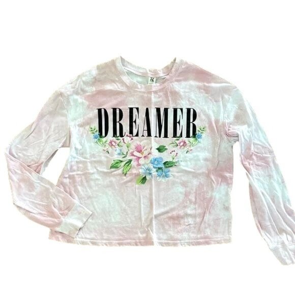 H Hybrid “Dreamer” Pink Tye Dye Cropped Long Sleeve Shirt, Floral Design, Sz Med - Picture 1 of 7
